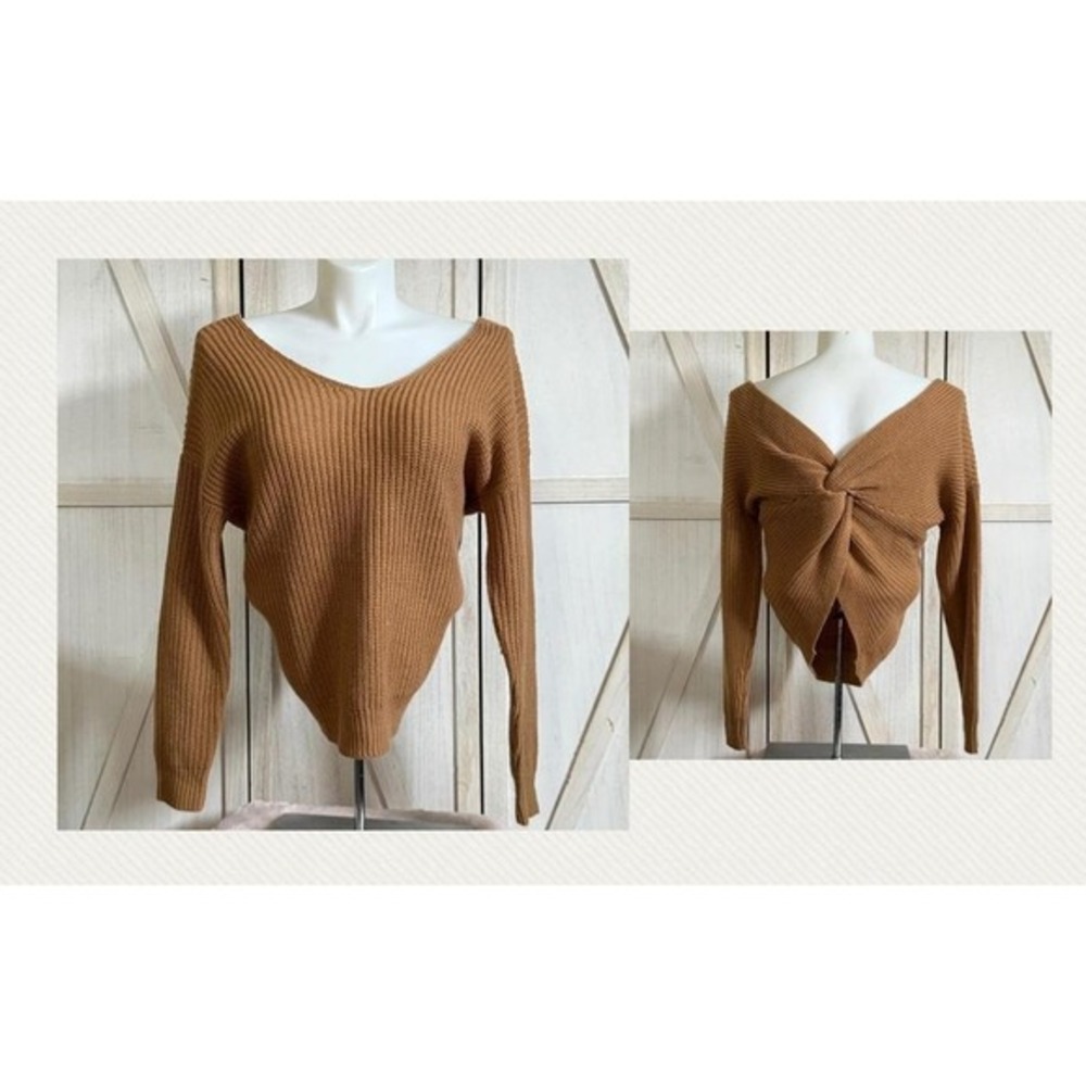 Love‎ Tree Camel Brown Twist Back V-Neck Knit Sweater Oversized Womens M Medium